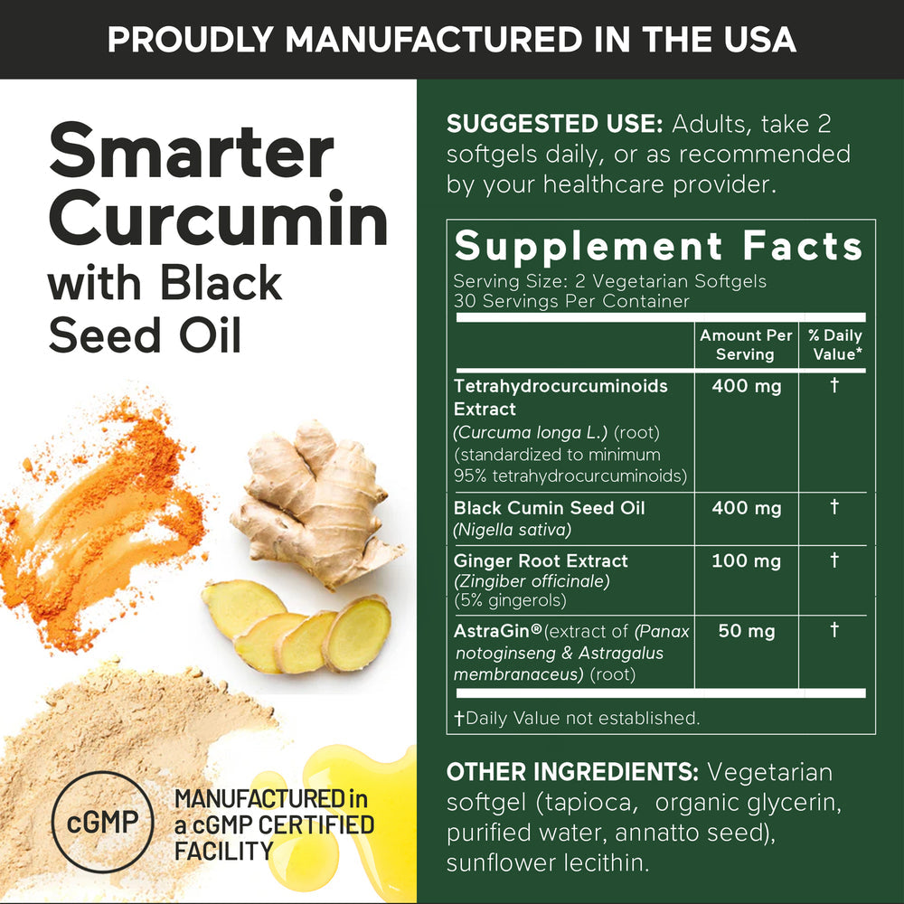 SMARTER NUTRITION Curcumin Softgels - Vegan High Absorption 400 mg Turmeric Supplement + Black Seed Oil & Ginger